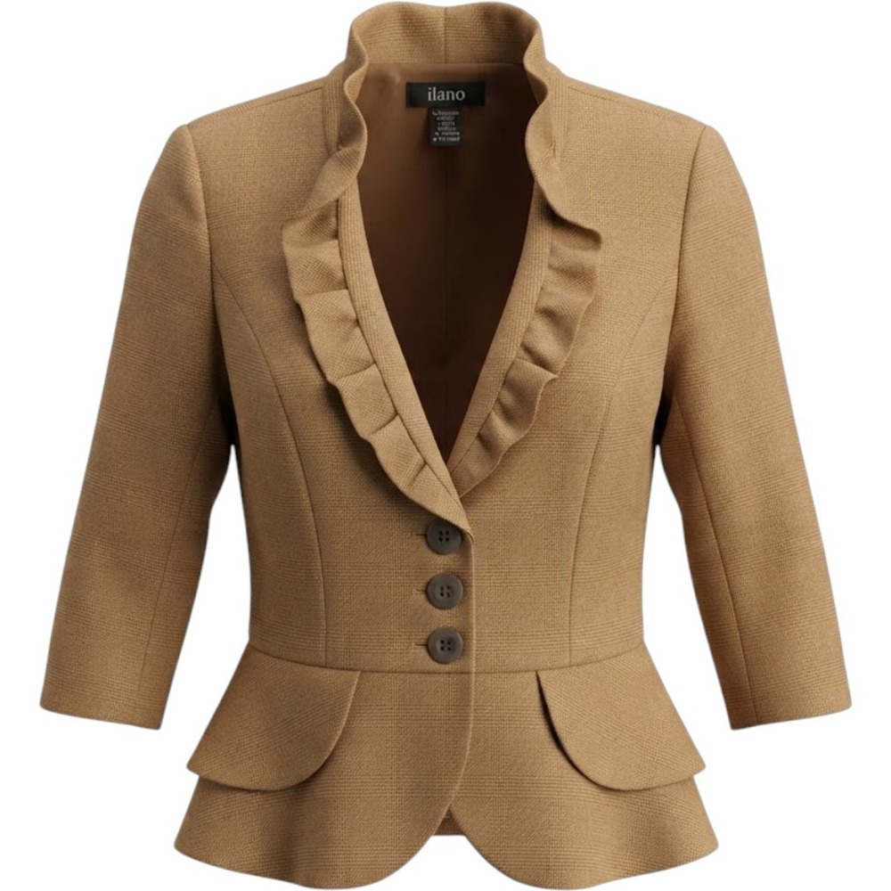 T. Milano Tan Ruffle Collar Peplum Blazer Jacket Size 6 Textured 713229970S